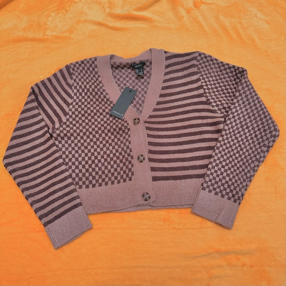 FOREVER 21 Brown checkered and striped button up knit cardigan
